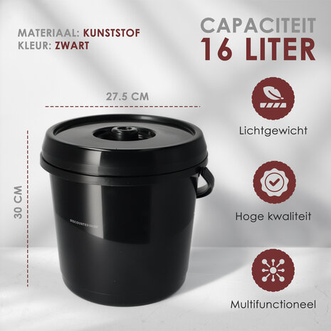 Discountershop Emmer met Deksel 16 Liter – Sterke Kunststof Emmer met Deksel en Handvaten – Zwarte Emmers Deksel Antislip – Binnen & Buiten Gebruik