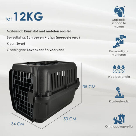 Discountershop Kattenbench / Hondenbench Klein 50x35x34 cm – Transportbox Kat & Kleine Hond tot 12 kg – Demontabele Reismand met Schroeven – Draagbare Kunststof Vervoersbox Zwart