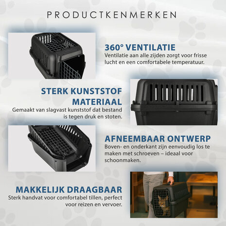 Discountershop Kattenbench / Hondenbench Klein 50x35x34 cm – Transportbox Kat & Kleine Hond tot 12 kg – Demontabele Reismand met Schroeven – Draagbare Kunststof Vervoersbox Zwart
