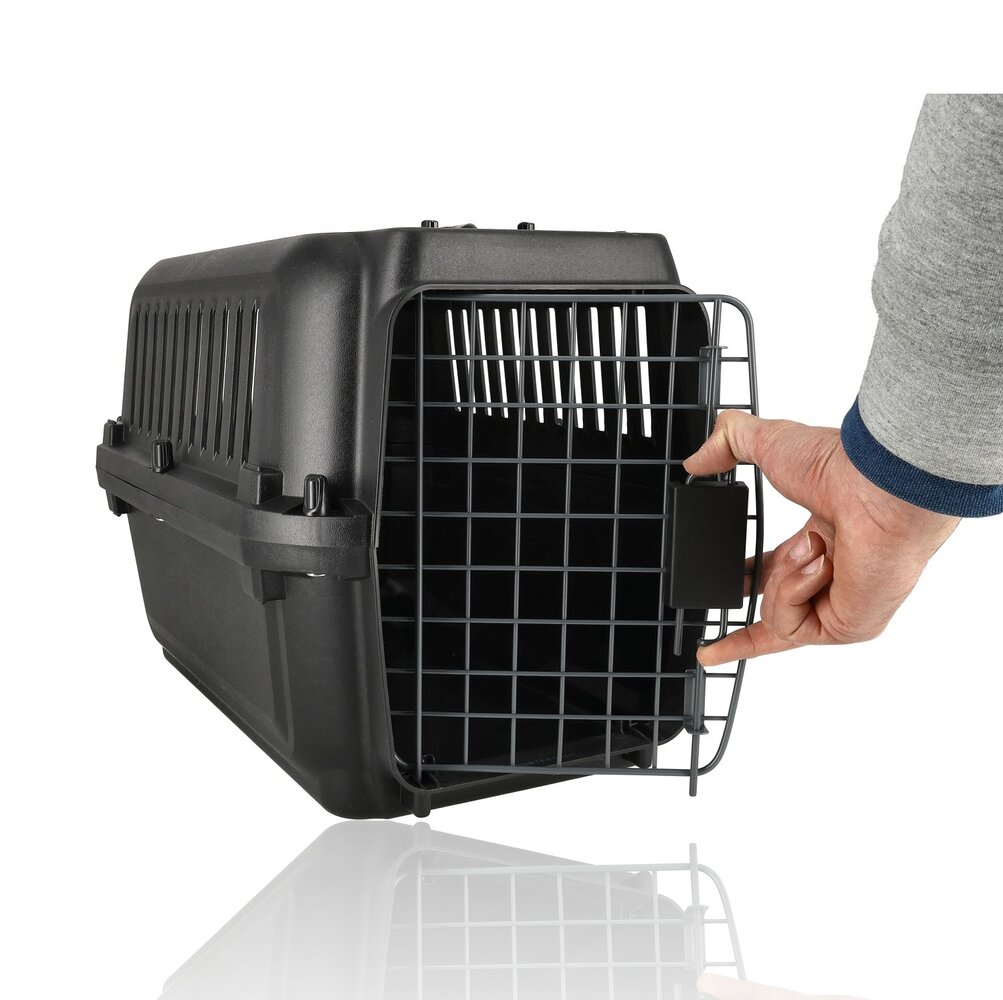 Discountershop Kattenbench / Hondenbench Klein 50x35x34 cm – Transportbox Kat & Kleine Hond tot 12 kg – Demontabele Reismand met Schroeven – Draagbare Kunststof Vervoersbox Zwart