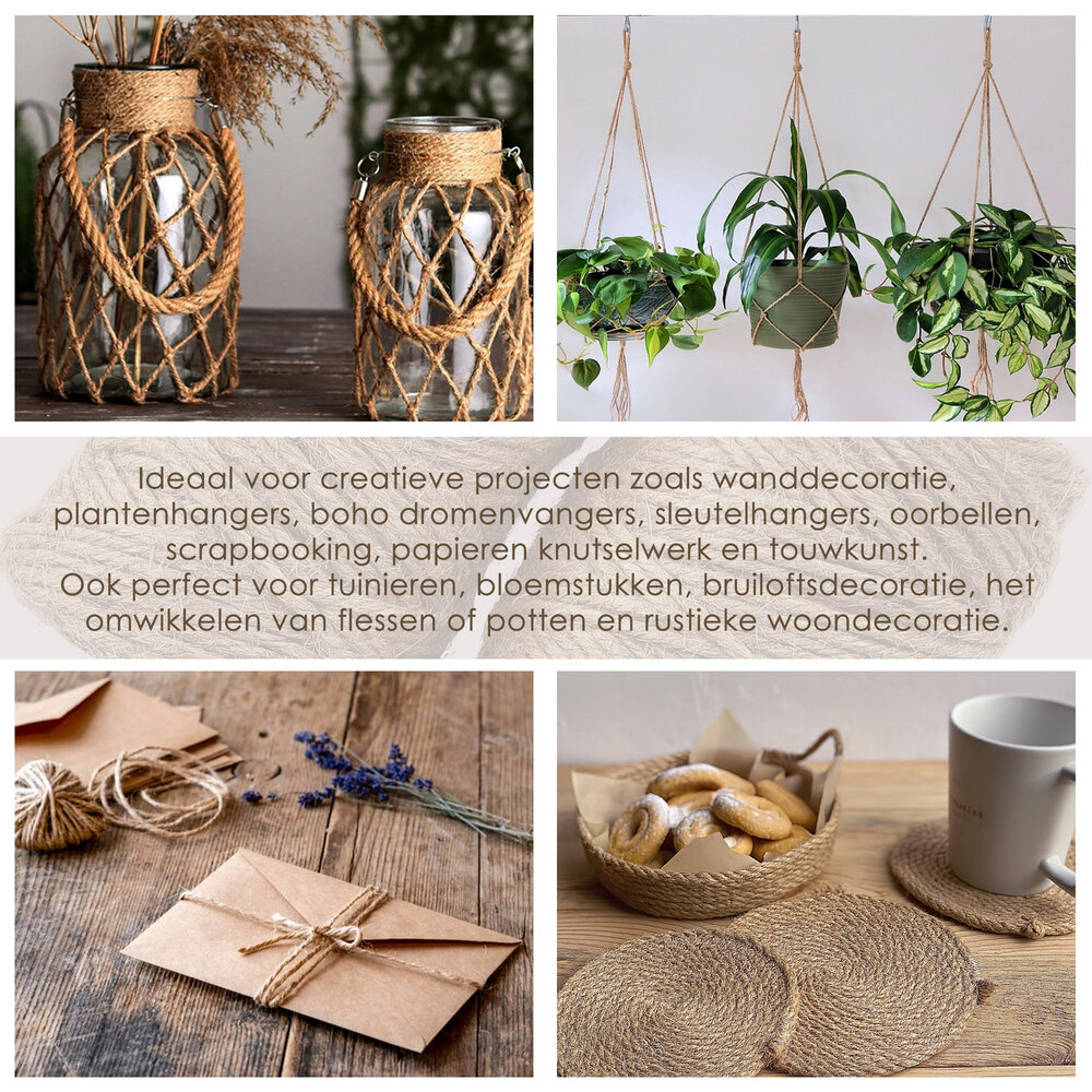 Discountershop Jute Touw 3mm – 2x 74m Natuurlijk Bindtouw – Goedkoop Touw voor Hobby, Tuin, Cadeauverpakking & Decoratie - Copy