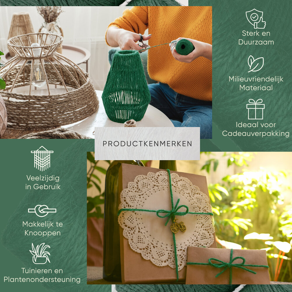 Discountershop Jute Touw 200 Meter 2 Stuks (400m) – Jute Koord Groen – Natuurlijk Bindtouw – Dik Jute Touw voor Tuin, Verpakking en Decoratie