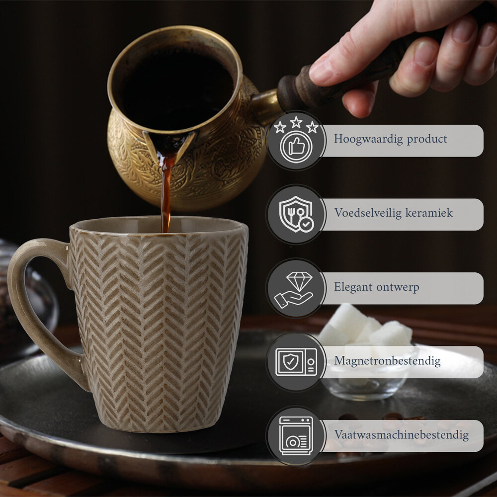 Discountershop 200 ml Keramische Koffiemokken met Oor – Herringraat Patroon – Aardewerk Koffiebeker – Theemok & Koffiekopje – Magnetronbestendig – Set Beschikbaar