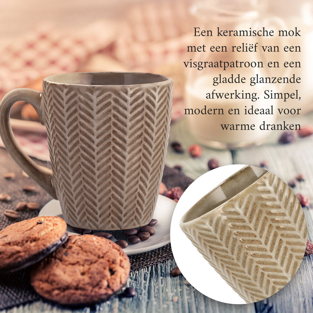 Discountershop 200 ml Keramische Koffiemokken met Oor – Herringraat Patroon – Aardewerk Koffiebeker – Theemok & Koffiekopje – Magnetronbestendig – Set Beschikbaar