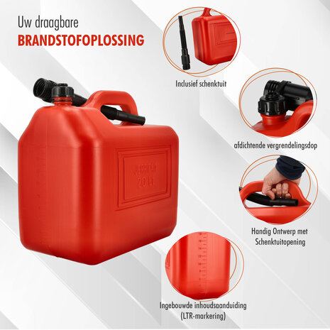 Discountershop Jerrycan 20 Liter Rood - Met Trechter Tuit - Inclusief Handige Vulslang - UN-Gekeurde Brandstof Jerrycans voor Benzine en Diesel - Brandstof Jerrycans