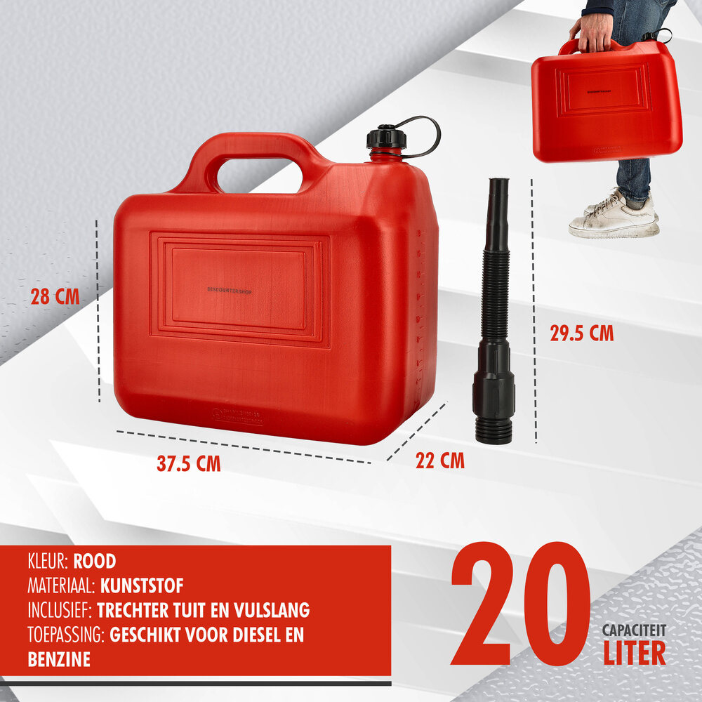 Discountershop Jerrycan 20 Liter Rood - Met Trechter Tuit - Inclusief Handige Vulslang - UN-Gekeurde Brandstof Jerrycans voor Benzine en Diesel - Brandstof Jerrycans