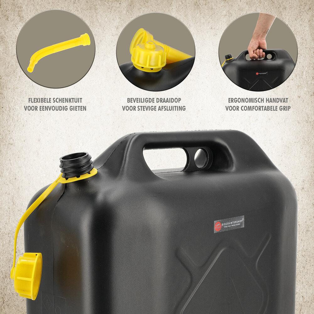 Discountershop Jerrycan 20 Liter Zwart – Voor Benzine en Diesel – Met Flexibele Schenktuit Discountershop Jerrycan 20 Liter Zwart – Voor Benzine en Diesel – Met Flexibele Schenktuit