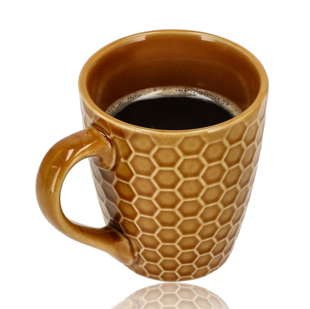 Discountershop Ceramic Coffee Cup with Handle 200 ml – Stoneware Coffee Mug & Tea Cup – Brown Honeycomb Pattern