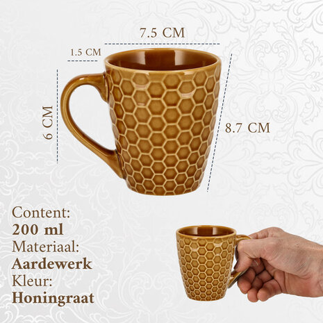 Discountershop Koffiekopje 200 ml – Keramische Koffiebeker met Oor – Aardewerk Koffiemok & Theemok – Bruin Honingraat Patroon