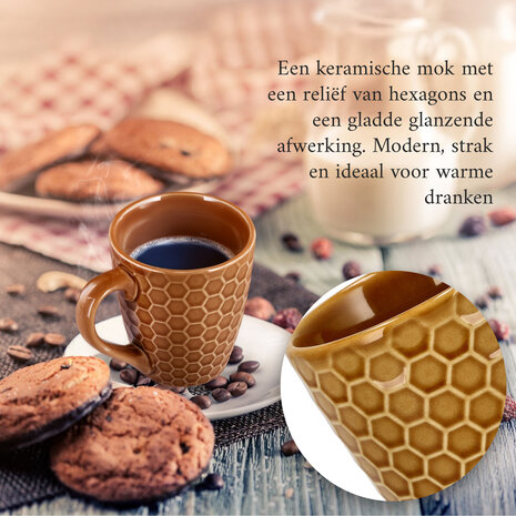 Discountershop Ceramic Coffee Cup with Handle 200 ml – Stoneware Coffee Mug & Tea Cup – Brown Honeycomb Pattern