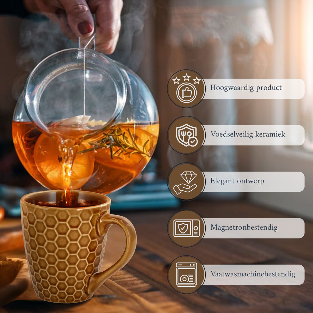 Discountershop Koffiekopje 200 ml – Keramische Koffiebeker met Oor – Aardewerk Koffiemok & Theemok – Bruin Honingraat Patroon