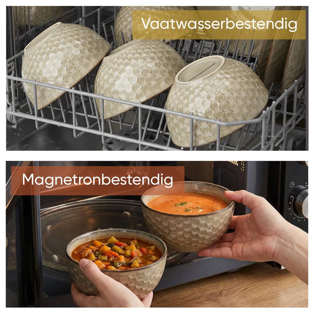 Discountershop Soepkommen Set – Ø14 cm – Aardewerk Ramen Kommen Zonder Oor – Schalen en Kommen voor Soep, Noodles, Salade, Ontbijt en Fruitschaal – Vaatwasser Veilig