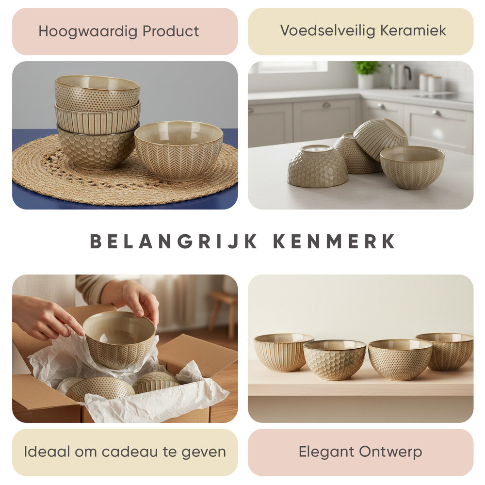 Discountershop Soepkommen Set – Ø14 cm – Aardewerk Ramen Kommen Zonder Oor – Schalen en Kommen voor Soep, Noodles, Salade, Ontbijt en Fruitschaal – Vaatwasser Veilig