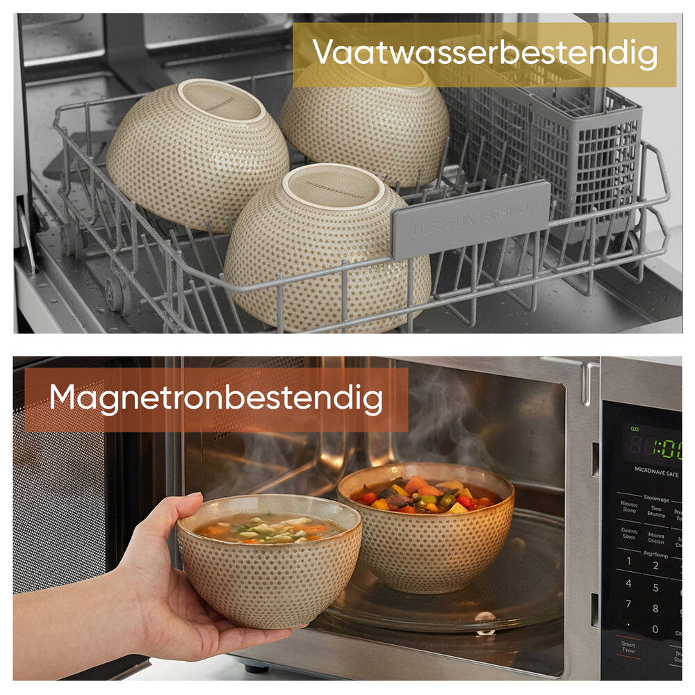 Discountershop Ramen Kom Set – Ø14 cm – Aardewerk Soepkommen Zonder Oor – Kommen en Fruitschaal voor Soep, Noodles, Salade, Ontbijt en Snacks – Vaatwasser Veilig
