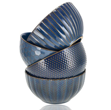 Discountershop Stoneware Ramen Bowl Ø14 cm – Ceramic Soup Bowls Without Handle with Herringbone Pattern – Noodle, Breakfast & Salad Bowl