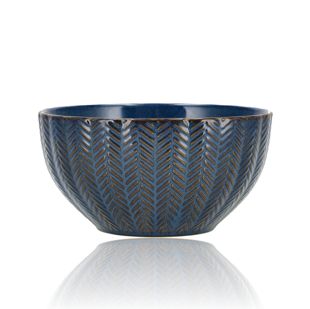 Discountershop Keramische Ramen Kom Ø14 cm – Soepkommen Zonder Oor met Visgraat Patroon – Aardewerk Kom voor Soep, Noodles, Ontbijt en Salade