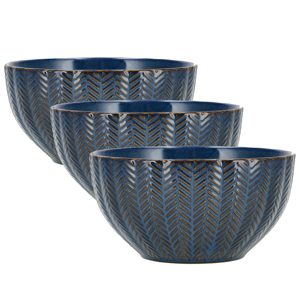Discountershop Stoneware Ramen Bowl Ø14 cm – Ceramic Soup Bowls Without Handle with Herringbone Pattern – Noodle, Breakfast & Salad Bowl
