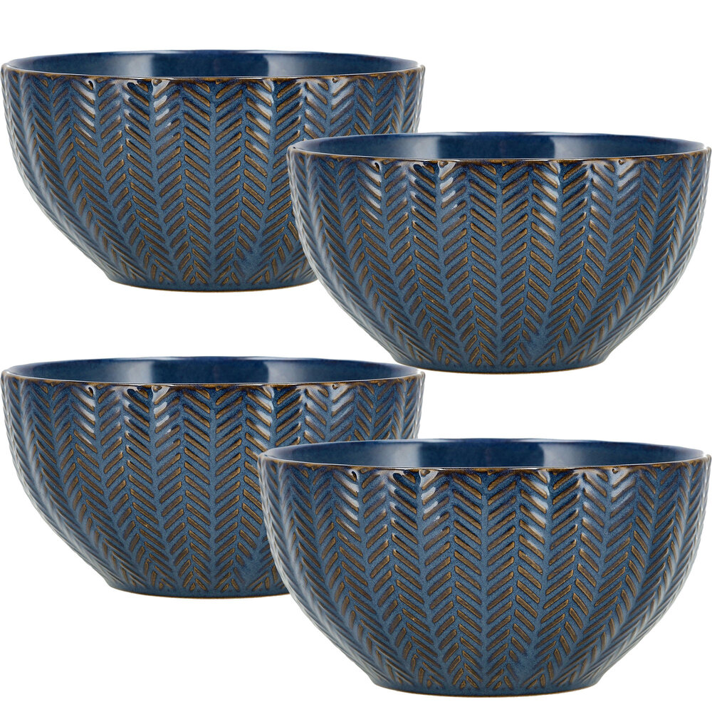 Discountershop Keramische Ramen Kom Ø14 cm – Soepkommen Zonder Oor met Visgraat Patroon – Aardewerk Kom voor Soep, Noodles, Ontbijt en Salade