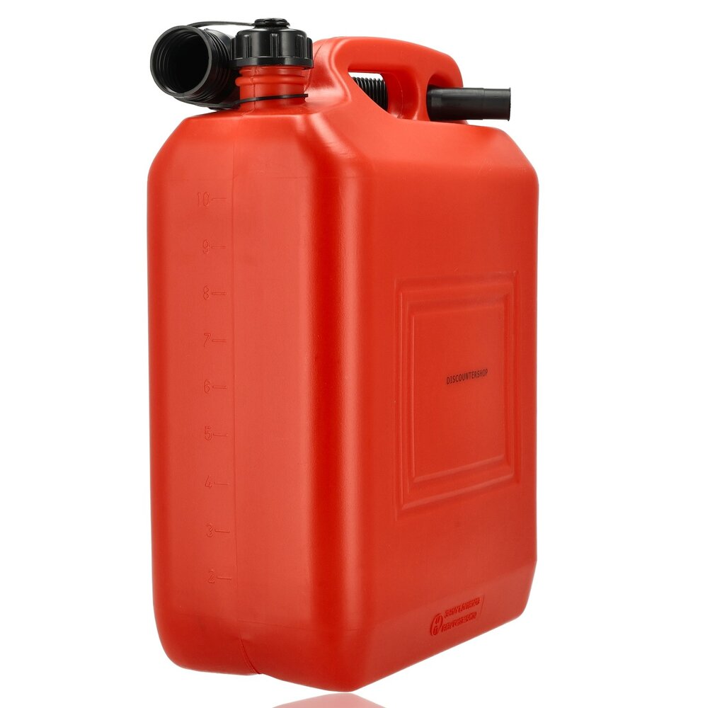 Discountershop 10 Liter Red Jerry Can – UN Approved Fuel Container for Petrol and Diesel – Plastic Fuel Tank with Long Spout and Pouring Hose – Fuel Can for Car, Boat, Camper and Garden Machinery