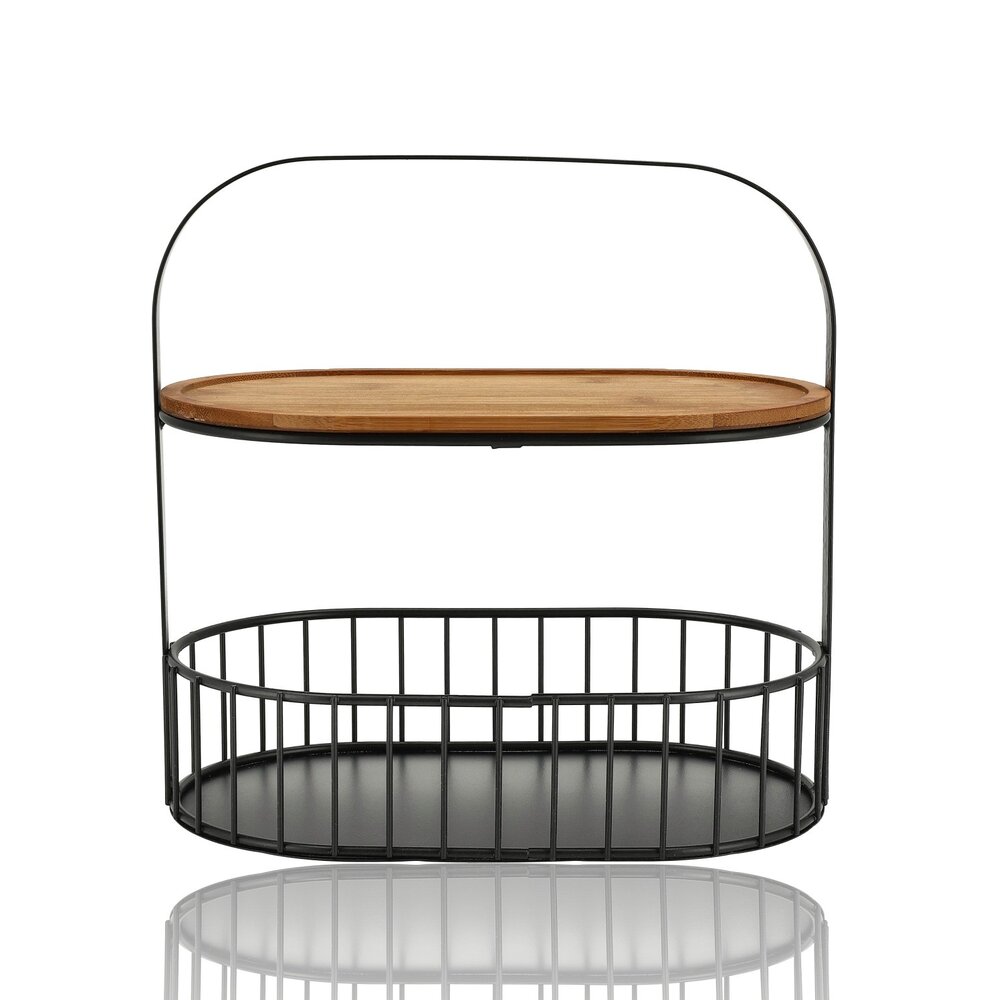 Discountershop Fruitschaal Zwart – 2-Laags Fruitmand Metaal-Hout met Houten Serveerplank – Etagere / Decoratie Schaal