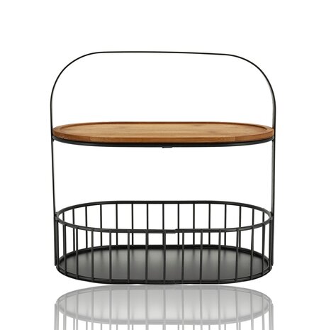 Discountershop Fruitschaal Zwart – 2-Laags Fruitmand Metaal-Hout met Houten Serveerplank – Etagere / Decoratie Schaal