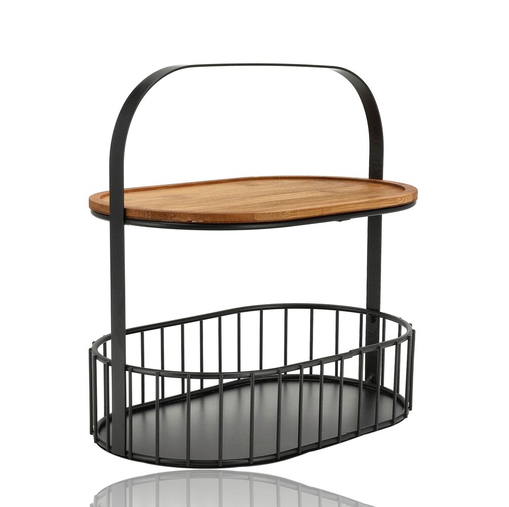 Discountershop Fruitschaal Zwart – 2-Laags Fruitmand Metaal-Hout met Houten Serveerplank – Etagere / Decoratie Schaal