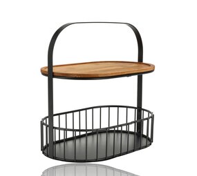 Discountershop Black Fruit Bowl – 2-Tier Metal & Wood Fruit Basket with Wooden Serving Board – Tiered Stand / Decorative Food Stand