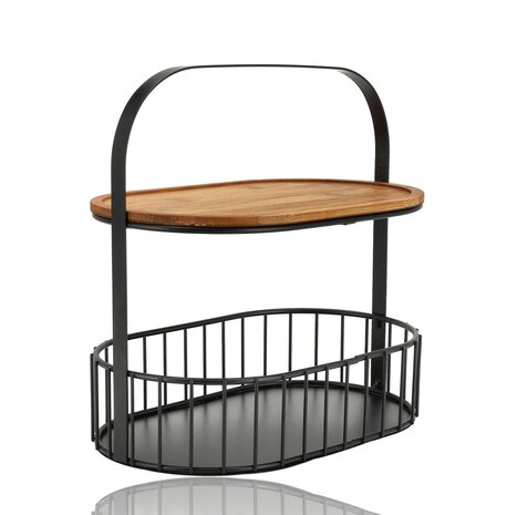 Discountershop Fruitschaal Zwart – 2-Laags Fruitmand Metaal-Hout met Houten Serveerplank – Etagere / Decoratie Schaal