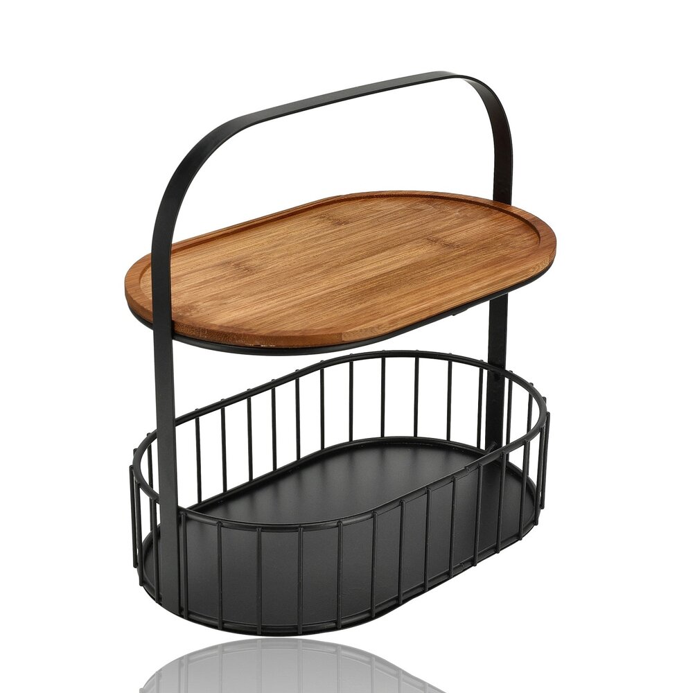 Discountershop Black Fruit Bowl – 2-Tier Metal & Wood Fruit Basket with Wooden Serving Board – Tiered Stand / Decorative Food Stand