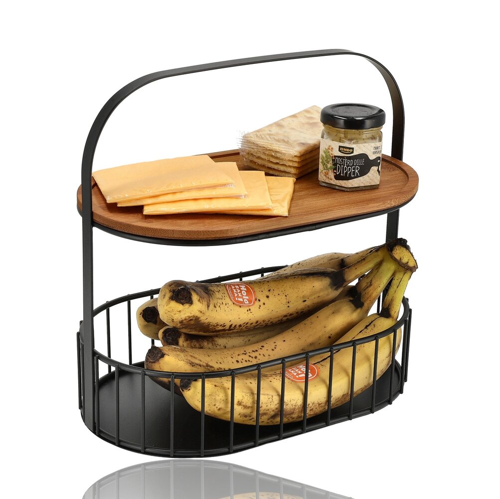 Discountershop Black Fruit Bowl – 2-Tier Metal & Wood Fruit Basket with Wooden Serving Board – Tiered Stand / Decorative Food Stand