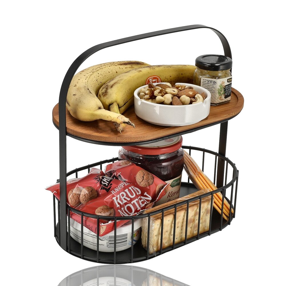 Discountershop Black Fruit Bowl – 2-Tier Metal & Wood Fruit Basket with Wooden Serving Board – Tiered Stand / Decorative Food Stand