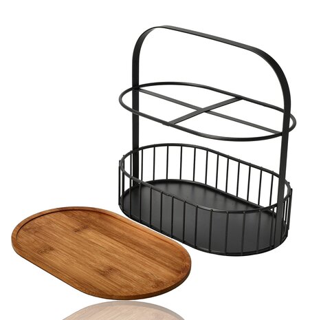 Discountershop Black Fruit Bowl – 2-Tier Metal & Wood Fruit Basket with Wooden Serving Board – Tiered Stand / Decorative Food Stand
