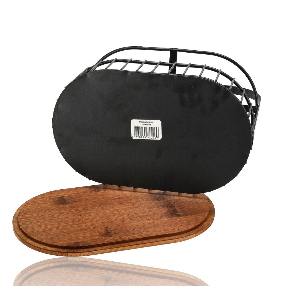 Discountershop Fruitschaal Zwart – 2-Laags Fruitmand Metaal-Hout met Houten Serveerplank – Etagere / Decoratie Schaal