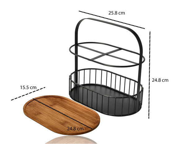 Discountershop Black Fruit Bowl – 2-Tier Metal & Wood Fruit Basket with Wooden Serving Board – Tiered Stand / Decorative Food Stand