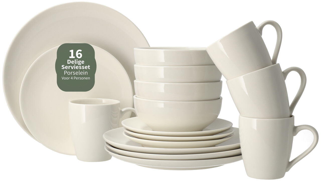 Discountershop Serviesset 16-Delig Wit – Porseleinen Servies 4-Persoons – Complete Bordenset met Dinerborden, Ontbijtborden, Kommen en Mokken – Magnetron en Vaatwasser Bestendig