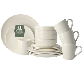 Discountershop Serviesset 16-Delig Wit – Porseleinen Servies 4-Persoons – Complete Bordenset met Dinerborden, Ontbijtborden, Kommen en Mokken – Magnetron en Vaatwasser Bestendig