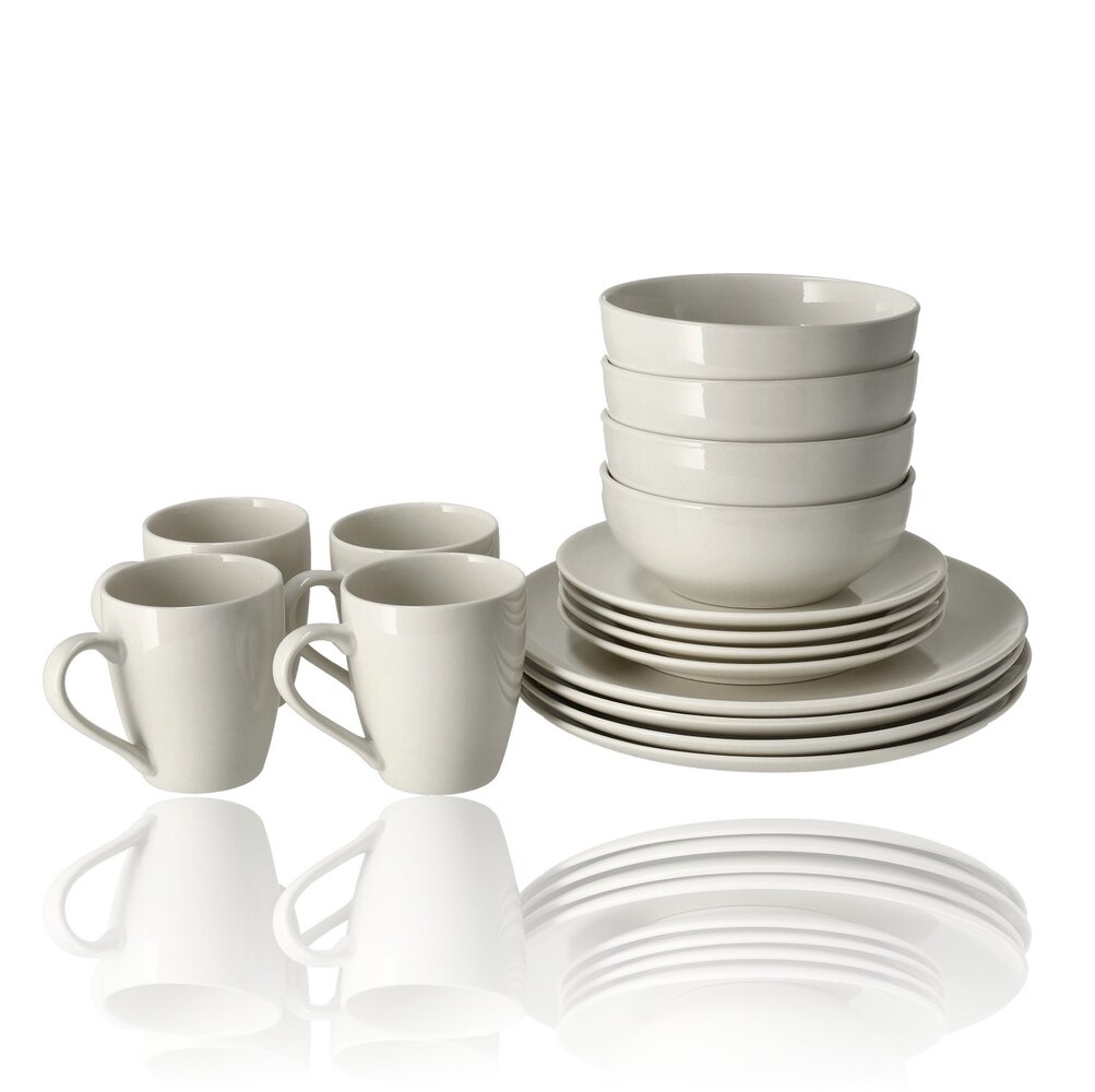 Discountershop Serviesset 16-Delig Wit – Porseleinen Servies 4-Persoons – Complete Bordenset met Dinerborden, Ontbijtborden, Kommen en Mokken – Magnetron en Vaatwasser Bestendig