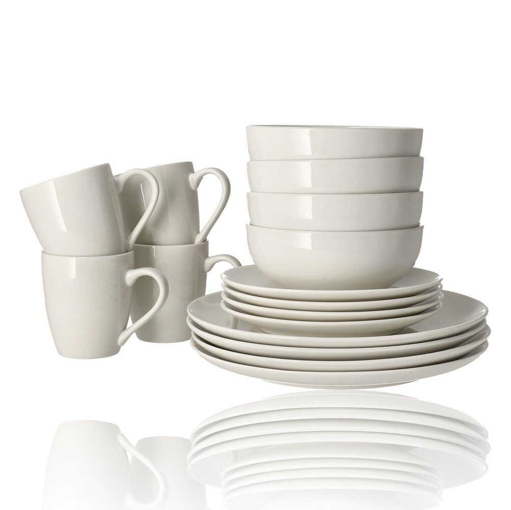 Discountershop 16-Piece White Dinnerware Set – Porcelain Dinner Set for 4 People – Complete Tableware Set with Dinner Plates, Salad Plates, Bowls and Mugs – Microwave and Dishwasher Safe