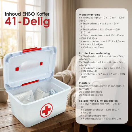 EHBO First Aid Kit 41-Piece – Complete Medical Kit with 60x80 cm Dressing, Triangular Bandage, Wound Compresses and Emergency Blanket – For Home, Car and Workplace