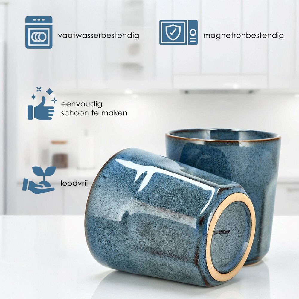 Discountershop Koffiekopjes Set – Blauw Glazuur Bekers 200ml Zonder Oor – Keramische Espresso Kopjes en Cappuccino Bekers – Aardewerk Koffiemokken – Voor Koffie, Thee en Horeca Gebruik