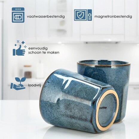 Discountershop Koffiekopjes Set – Blauw Glazuur Bekers 200ml Zonder Oor – Keramische Espresso Kopjes en Cappuccino Bekers – Aardewerk Koffiemokken – Voor Koffie, Thee en Horeca Gebruik