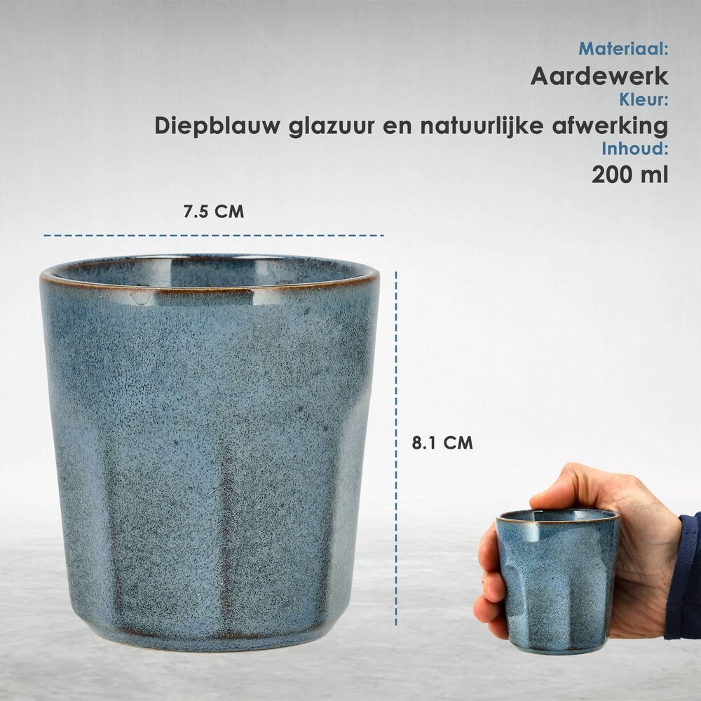 Discountershop Ceramic Coffee Cup Set – Blue Glazed Handleless Cups 200ml – Espresso Cups & Cappuccino Mugs – Durable Stoneware Coffee Cups for Coffee, Tea & Café / Restaurant Use