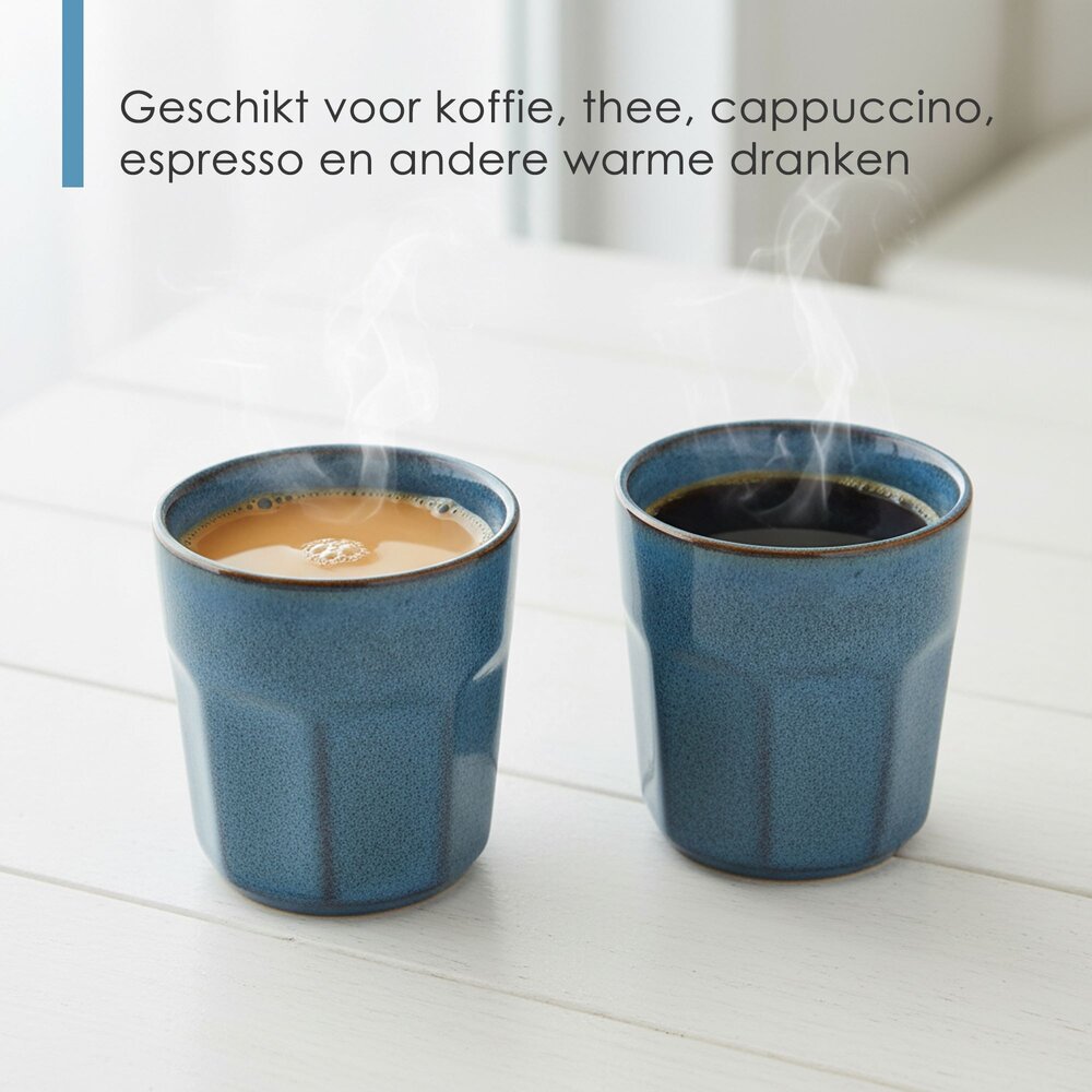 Discountershop Ceramic Coffee Cup Set – Blue Glazed Handleless Cups 200ml – Espresso Cups & Cappuccino Mugs – Durable Stoneware Coffee Cups for Coffee, Tea & Café / Restaurant Use