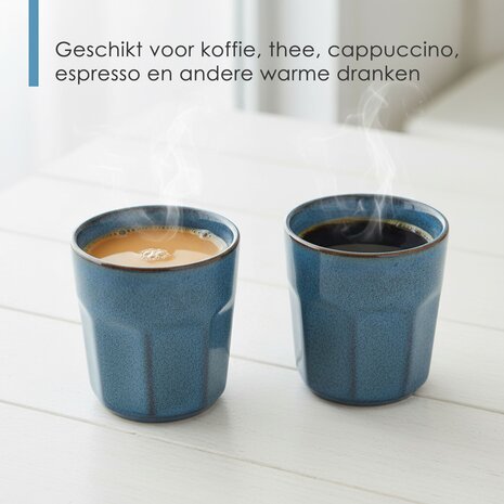 Discountershop Koffiekopjes Set – Blauw Glazuur Bekers 200ml Zonder Oor – Keramische Espresso Kopjes en Cappuccino Bekers – Aardewerk Koffiemokken – Voor Koffie, Thee en Horeca Gebruik