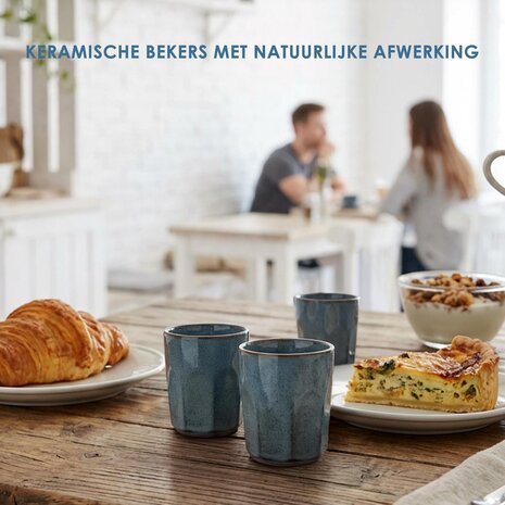 Discountershop Koffiekopjes Set – Blauw Glazuur Bekers 200ml Zonder Oor – Keramische Espresso Kopjes en Cappuccino Bekers – Aardewerk Koffiemokken – Voor Koffie, Thee en Horeca Gebruik