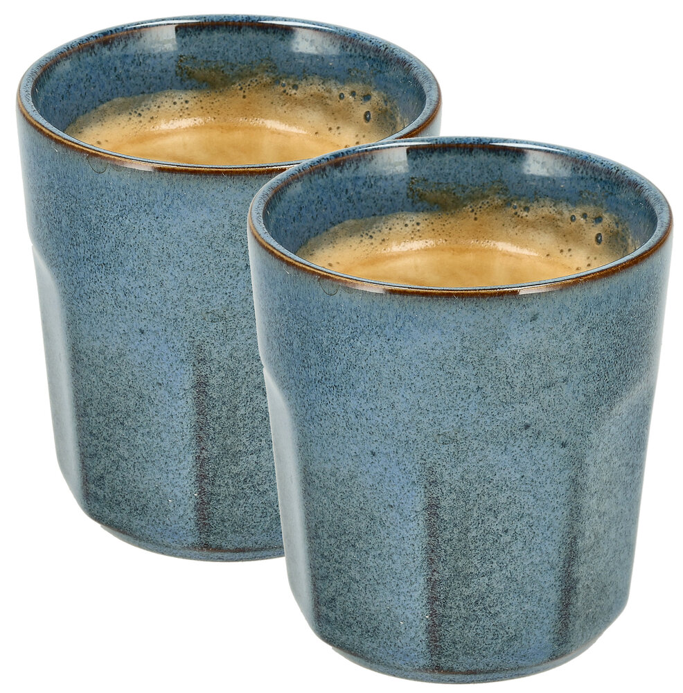 Discountershop Koffiekopjes Set – Blauw Glazuur Bekers 200ml Zonder Oor – Keramische Espresso Kopjes en Cappuccino Bekers – Aardewerk Koffiemokken – Voor Koffie, Thee en Horeca Gebruik