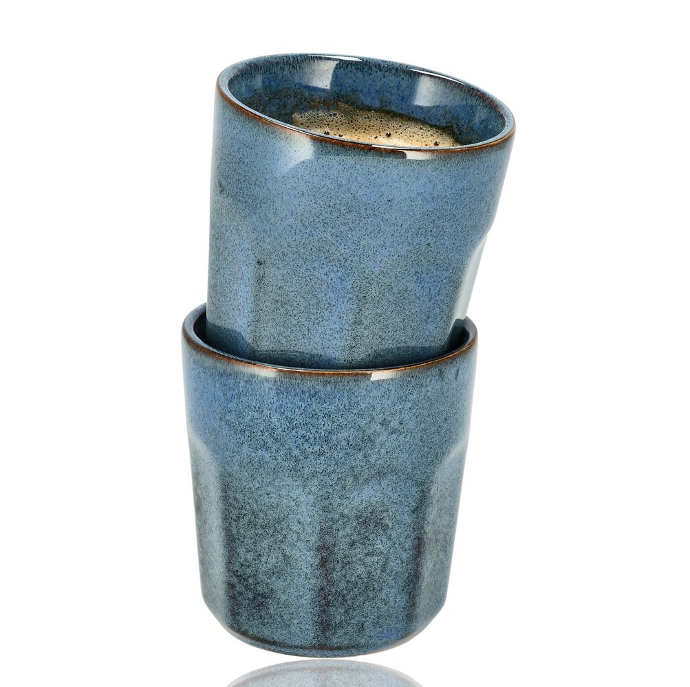 Discountershop Koffiekopjes Set – Blauw Glazuur Bekers 200ml Zonder Oor – Keramische Espresso Kopjes en Cappuccino Bekers – Aardewerk Koffiemokken – Voor Koffie, Thee en Horeca Gebruik