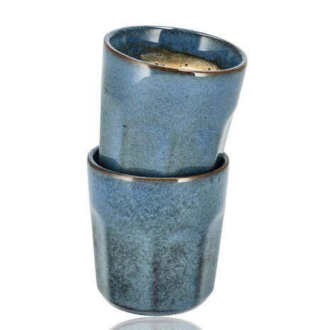Discountershop Koffiekopjes Set – Blauw Glazuur Bekers 200ml Zonder Oor – Keramische Espresso Kopjes en Cappuccino Bekers – Aardewerk Koffiemokken – Voor Koffie, Thee en Horeca Gebruik