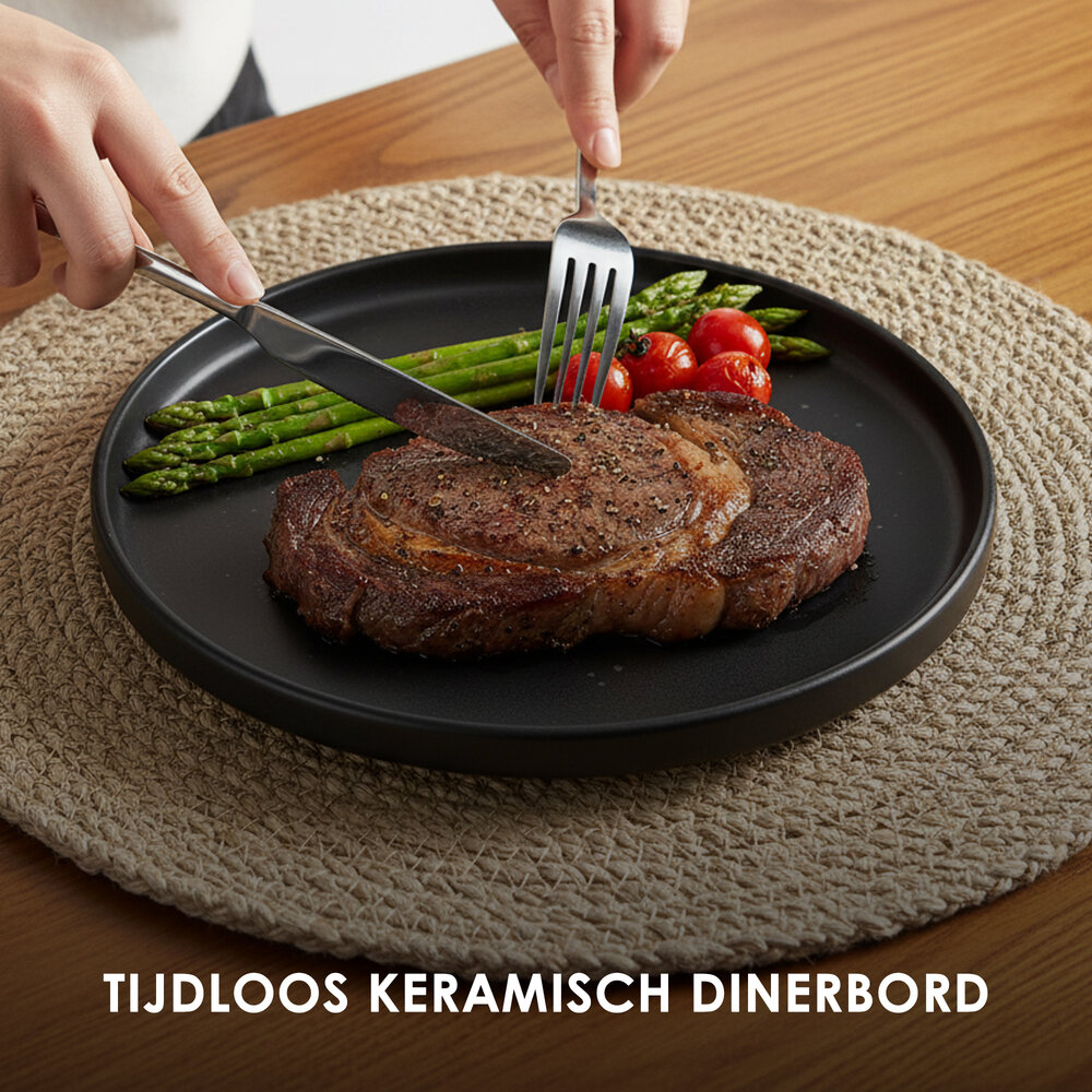 Discountershop Dinerborden Set – Mat Zwarte Borden 26,3 cm Keramiek – Ronde Diner Borden met Opstaande Rand – Servies voor Horeca, Restaurants
