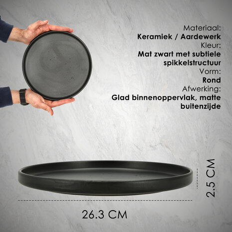 Discountershop Dinerborden Set – Mat Zwarte Borden 26,3 cm Keramiek – Ronde Diner Borden met Opstaande Rand – Servies voor Horeca, Restaurants